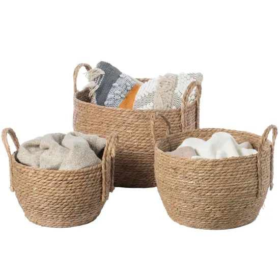 Decorative Round Wicker Woven Rope Storage Blanket Basket with Braided Handles {1}