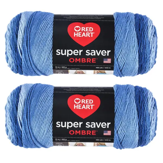 Red Heart Super Saver Jumbo True Blue Ombre Yarn - 2 Pack of 283g/10oz - Acrylic - 4 Medium (Worsted) - 482 Yards - Knitting/Crochet {1}