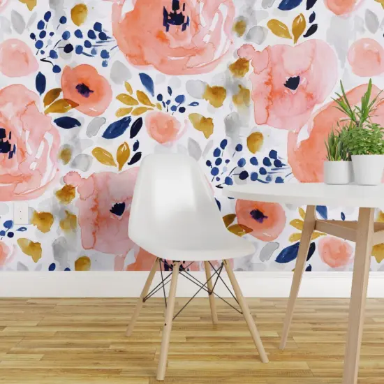 Pre-Pasted Wallpaper 2FT Wide Large Scale Floral Pink Coral Watercolor Bloom Peachy Girls Feminine Bright Custom Pre-pasted Wallpaper by Spoonflower {1}
