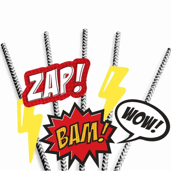 Big Dot of Happiness Bam Superhero Paper Straw Decor - Baby Shower or Birthday Party Striped Decorative Straws - Set of 24 {7}