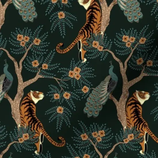 Various Fabrics by the Yard or Fat Quarter Tiger Peacock Small Scale Bird Asian Flowers Floral Chinese Tree Dark Custom Printed Fabric by Spoonflower {7}