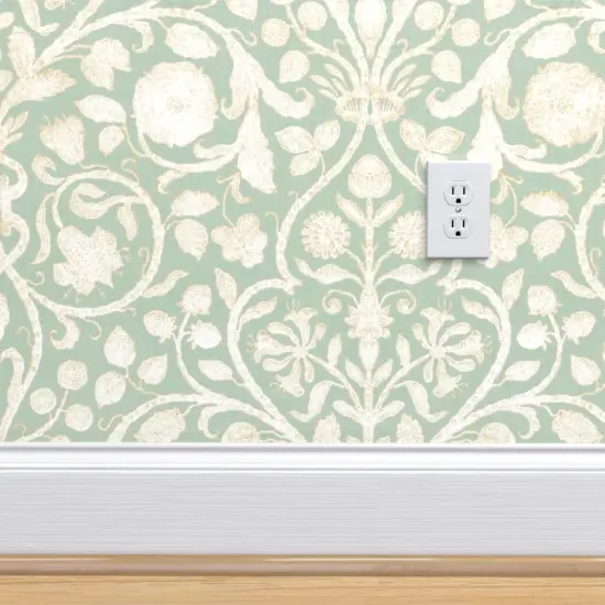 Peel & Stick Wallpaper 2FT Wide Mint Damask Floral Garden Victorian Arts And Crafts French Botanical Green Aqua Gray Custom Removable Wallpaper by Spoonflower {4}