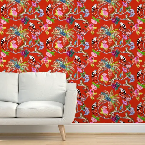 Peel & Stick Wallpaper 2FT Wide Chinoiserie Maximalist Red Whimsical Monkey Tropical Leopard Botanical Custom Removable Wallpaper by Spoonflower {5}