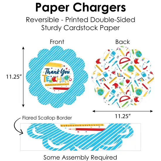 Big Dot of Happiness Thank You Teachers - Teacher Appreciation Paper Charger and Table Decorations - Chargerific Kit - Place Setting for 8 {6}