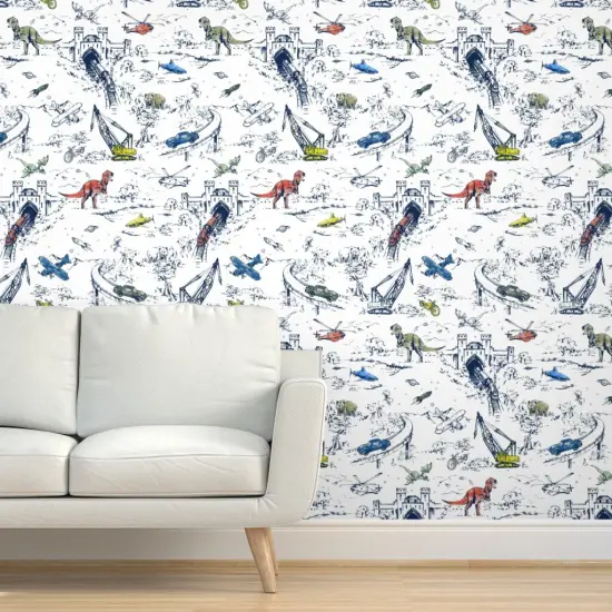 Pre-Pasted Wallpaper 2FT Wide Whimsical Blue White Dinosaur Shark Helicopter Car Space Travel Custom Pre-pasted Wallpaper by Spoonflower {5}