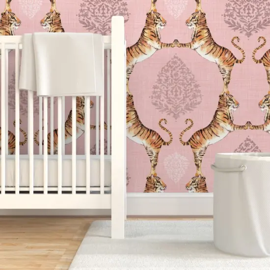 Pre-Pasted Wallpaper 2FT Wide Pink Paisley Tiger Bohemian India Pale Damask Water Color Animal Print Custom Pre-pasted Wallpaper by Spoonflower {1}