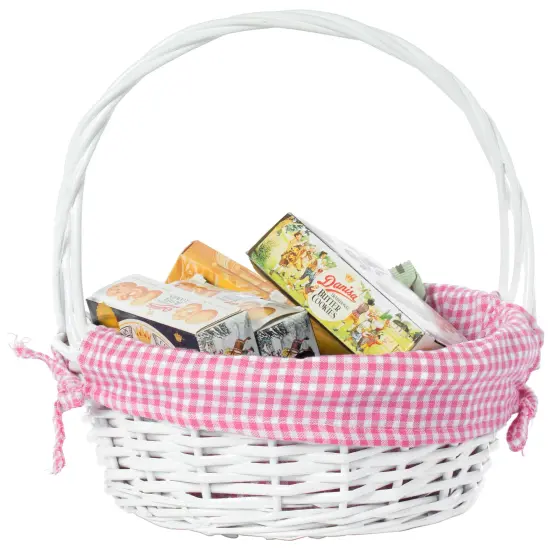 White Round Willow Gift Basket, with Gingham Liner and Handle Pink {4}