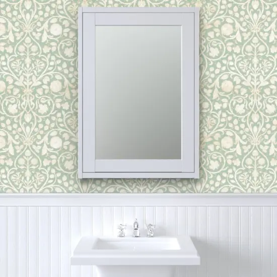 Peel & Stick Wallpaper 2FT Wide Mint Damask Floral Garden Victorian Arts And Crafts French Botanical Green Aqua Gray Custom Removable Wallpaper by Spoonflower {6}