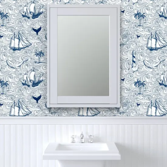 Peel & Stick Wallpaper 2FT Wide Blue White Sailboats Sailing Ships Nautical Vintage Inspired Ocean Custom Removable Wallpaper by Spoonflower {6}