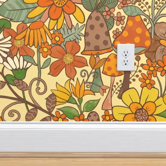 Peel & Stick Wallpaper 2FT Wide Vintage Hippy Floral Earth Tones mushrooms s Retro 70S 60S Toadstools Vintage Nostalgic Flower Power Custom Removable Wallpaper by Spoonflower {4}