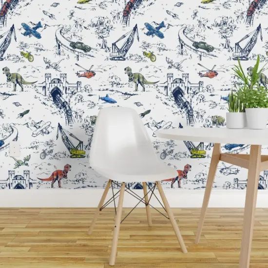 Pre-Pasted Wallpaper 2FT Wide Whimsical Blue White Dinosaur Shark Helicopter Car Space Travel Custom Pre-pasted Wallpaper by Spoonflower {1}