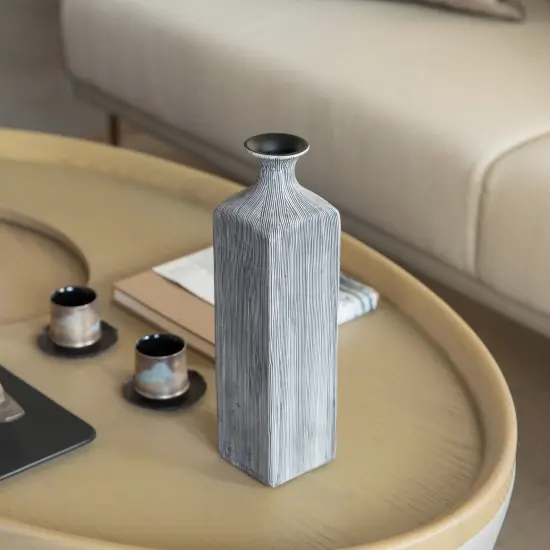 Grey Striped Decorative Square Table Centerpiece Flower Vase Display Modern Home Decor Accent Stylish Elegant Ornamental Accessory Floral Arrangement Holder Living Room Dining Room Kitchen Decoration {3}