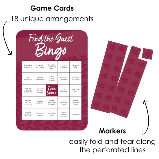 Big Dot of Happiness Burgundy Elegantly Simple - Find the Guest Bingo Cards and Markers - Wedding & Bridal Shower Bingo GameSet of 18 {3}