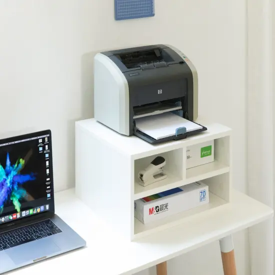 Printer Stand Shelf Wood Office Desktop Compartment Organizer White {2}