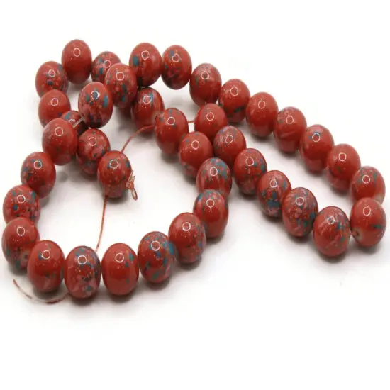 40 10mm Red with Pink & Blue Splatter Paint Smooth Round Glass Beads {2}