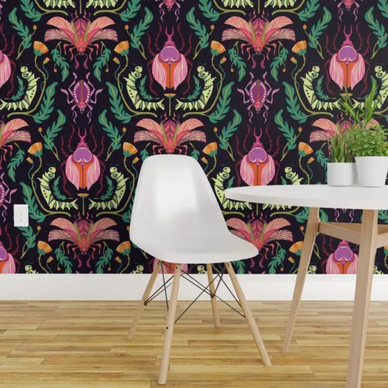 Pre-Pasted Wallpaper 2FT Wide Bugs Damask Nature Art Deco Garden Spring Kids Nouveau Black Pink Teal Beetles Dandelions Insects Caterpillar Custom Pre-pasted Wallpaper by Spoonflower {1}
