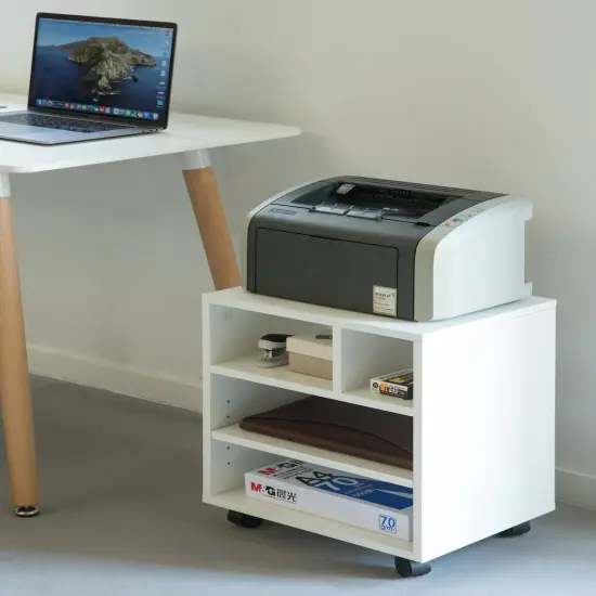 Wooden Office Storage Printer Stand with Wheels White {3}