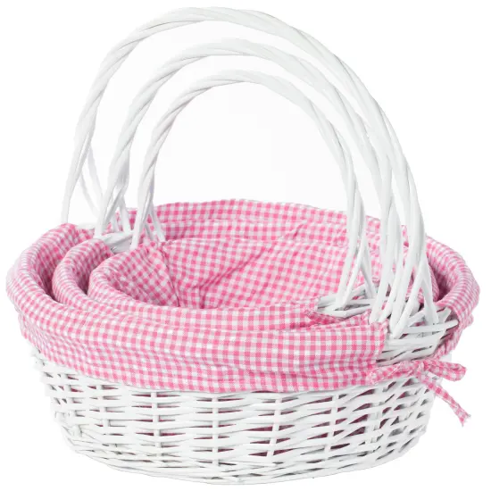 White Round Willow Gift Basket, with Gingham Liner and Handle Pink {8}