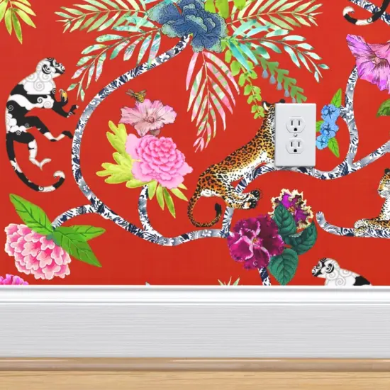 Peel & Stick Wallpaper 2FT Wide Chinoiserie Maximalist Red Whimsical Monkey Tropical Leopard Botanical Custom Removable Wallpaper by Spoonflower {4}