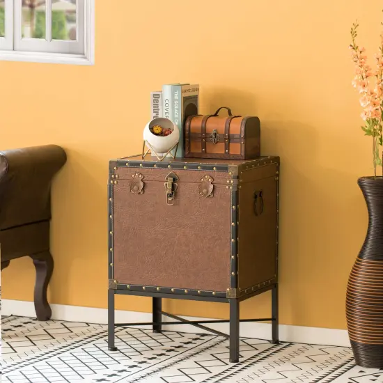Faux Leather Trimmed Lockable Square Lined Storage Trunk, End Table on Metal Stand Brown {2}