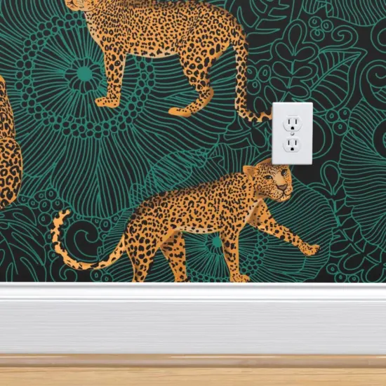 Peel & Stick Wallpaper 2FT Wide Black Green Animal Africa Leopard Cheetah Tiger Exotic Animals Maximalist Custom Removable Wallpaper by Spoonflower {4}
