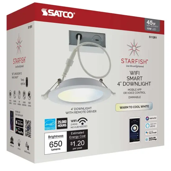 Wi-Fi 4in LED Tunable White - Edge-Lit Downlight 10w 650lm - Satco Starfish IOT Selectable {3}