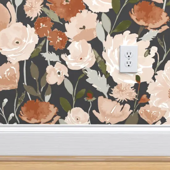 Pre-Pasted Wallpaper 2FT Wide Flower Black Floral Summer Large Watercolor Florals Garden Jumbo Custom Pre-pasted Wallpaper by Spoonflower {4}