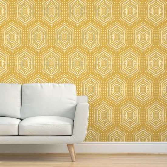 Peel & Stick Wallpaper 2FT Wide Bohemian Mudcloth Hexagon Geometric Sunflower Yellow Textured Look Custom Removable Wallpaper by Spoonflower {5}