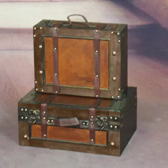 Wooden Vintage Luggage Trunks - Antique Carry-on Suitcase Storage Box with Hinged Lids, Old-Fashioned Decorative Box {3}
