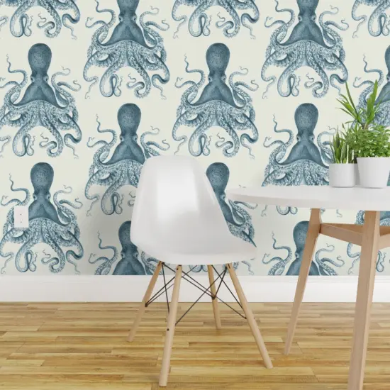 Pre-Pasted Wallpaper 2FT Wide Octopus Sea Coastal Nautical Vintage Beach Summer Animal Custom Pre-pasted Wallpaper by Spoonflower {1}