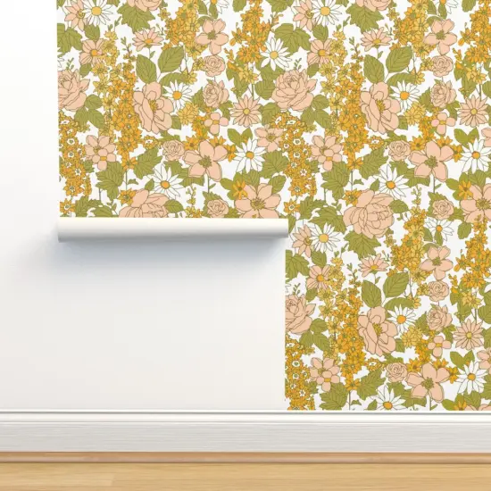 Peel & Stick Wallpaper 2FT Wide Retro Flowers Green Orange Pink 1970s Spring Flower Power Vintage Style Custom Removable Wallpaper by Spoonflower {2}