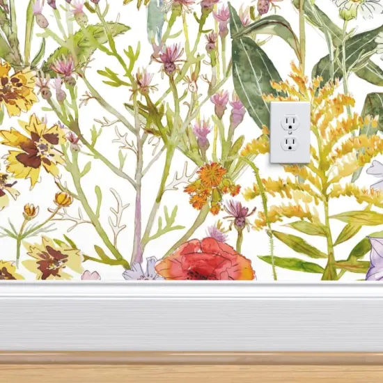 Peel & Stick Wallpaper 2FT Wide Wildflowers Green Red Floral Poppies Hand Drawn Ink Novelty Watercolor Columbine Chamomile Bee Balm Bell Flower Creeping Phlox Spider Custom Removable Wallpaper by Spoonflower {4}