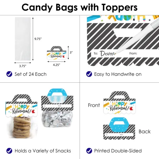 Big Dot of Happiness Teacher Retirement - DIY Happy Retirement Party Clear Goodie Favor Bag Labels - Candy Bags with Toppers - Set of 24 {4}