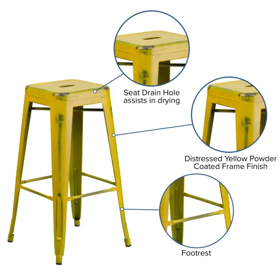 Emma and Oliver Commercial Grade 4 Pack 30" High Backless Distressed Metal Indoor-Outdoor Barstool Yellow {3}