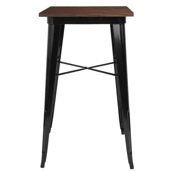 Merrick Lane Modern 23.5" Square Metal Table with Rustic Wood Top for Indoor Use Black {4}