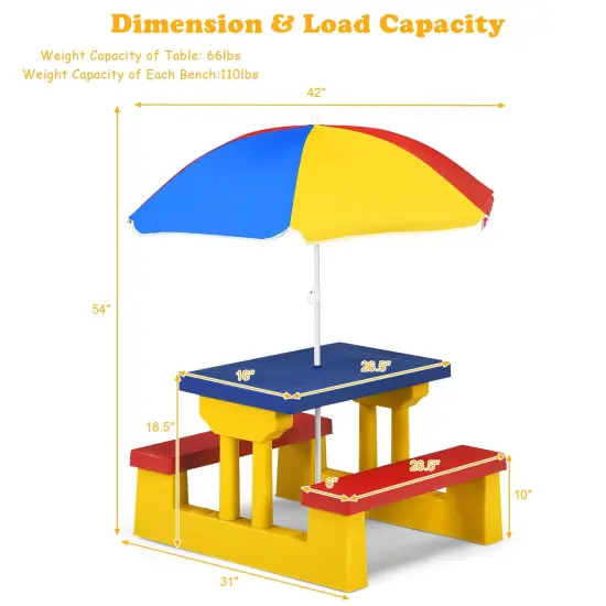 Kids Picnic Folding Table and Bench Set with Umbrella Yellow {5}