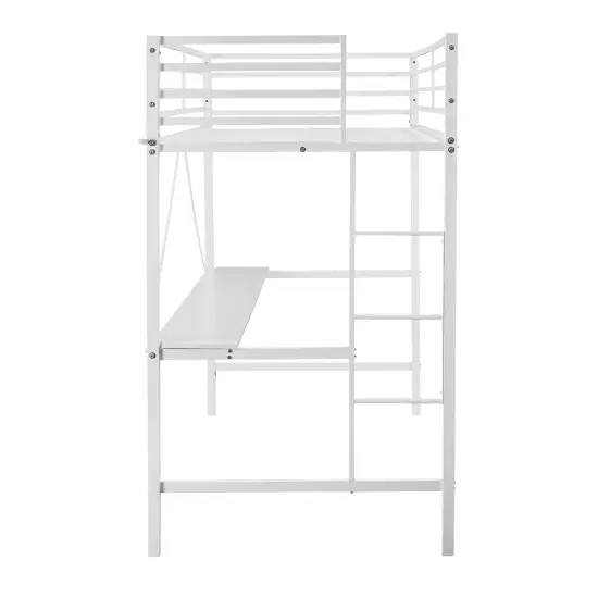 Emma and Oliver Jensen Metal Loft Bed Frame with Desk, Protective Guard Rails and Ladder for Kids, Teens and Adults White {5}