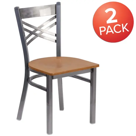 Emma and Oliver 2 Pack Clear Coated "X" Back Metal Restaurant Chair Natural/ClearCoated {5}