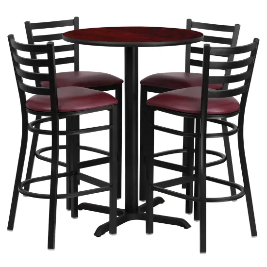 Emma and Oliver 30" Round Laminate Table Set with X-Base and 4 Ladder Back Stools Mahogany/BurgundyVYL {1}