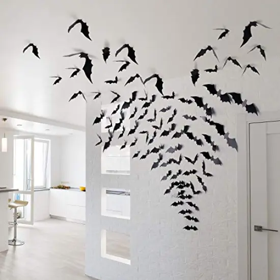 Coogam 60PCS Halloween Bats Decoration, 4 Different Sizes Realistic PVC Black 3D Scary Bat Sticker for Home Decor DIY Wall Decal Bathroom Indoor Hallowmas Party Supplies {2}