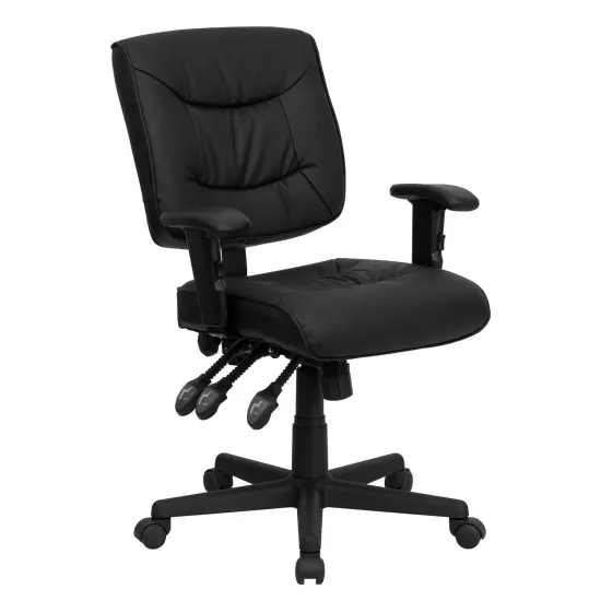Emma and Oliver Mid-Back Leather Multifunction Swivel Ergonomic Task Office Chair with Adjustable Arms Black {1}