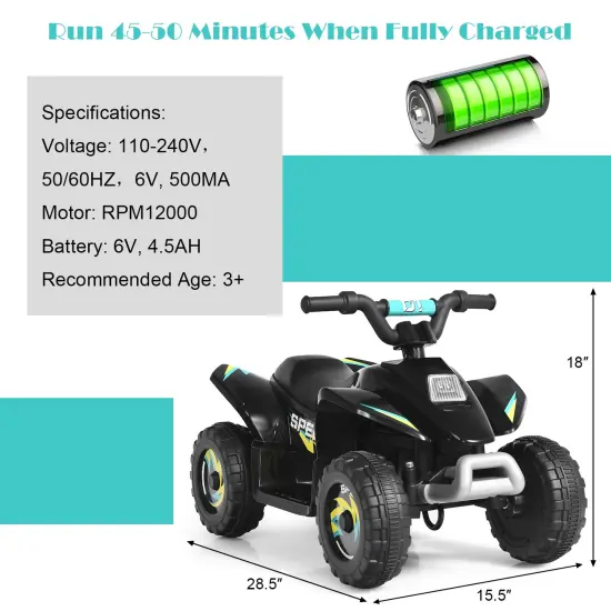 6V Kids Electric 4 Wheels Ride-On Toy with Wear-Resistant Wheels for Indoor Outdoor Use Black {4}