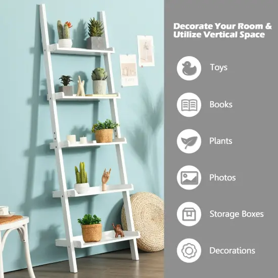 5-Tier Wall-leaning Ladder Shelf Display Rack for Plants and Books {3}