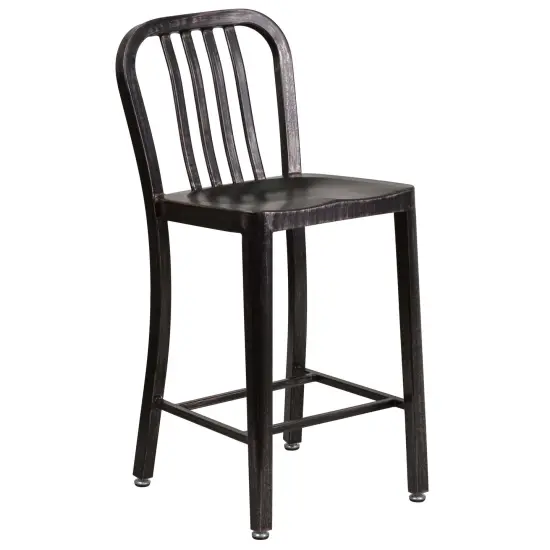 Merrick Lane Santorini Galvanized Steel Indoor/Outdoor Counter Bar Stool With Slatted Back And Powder Coated Finish Black-Antique Gold {1}