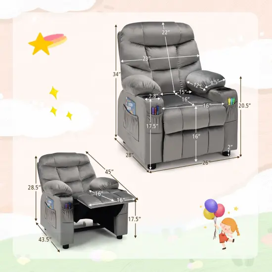 Kids Recliner Chair with Cup Holders Suitable for Children's Room, Living Room and Bedroom Light Grey {4}