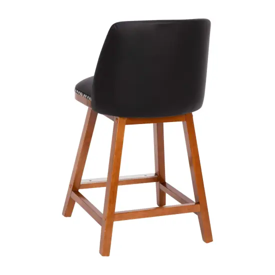 Emma and Oliver Jada Upholstered Mid-Back Stools with Nailhead Accent Trim & Wood Frames BlackLeaSoft/Walnut {4}