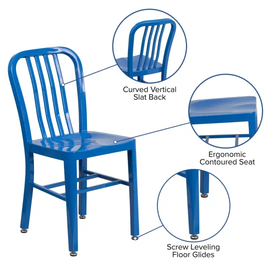 Merrick Lane Santorini 18 Inch Galvanized Steel Indoor/Outdoor Dining Chair with Slatted Back And Powder Coated Finish Blue {2}