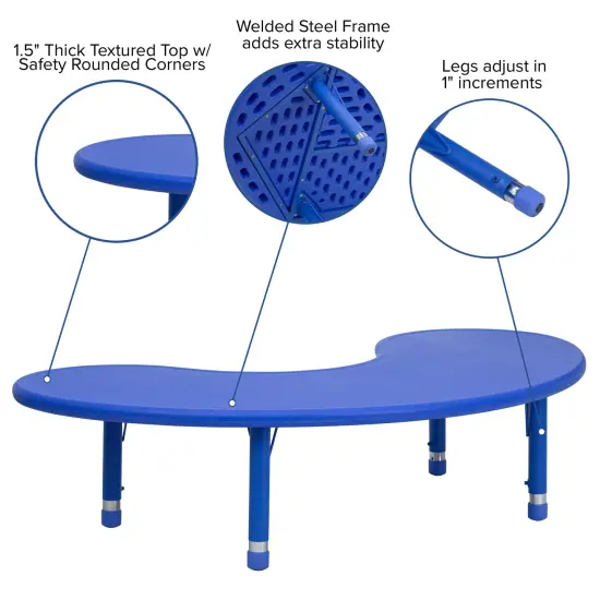 Emma and Oliver 35"W x 65"L Half-Moon Plastic Height Adjustable Activity Table Blue {3}