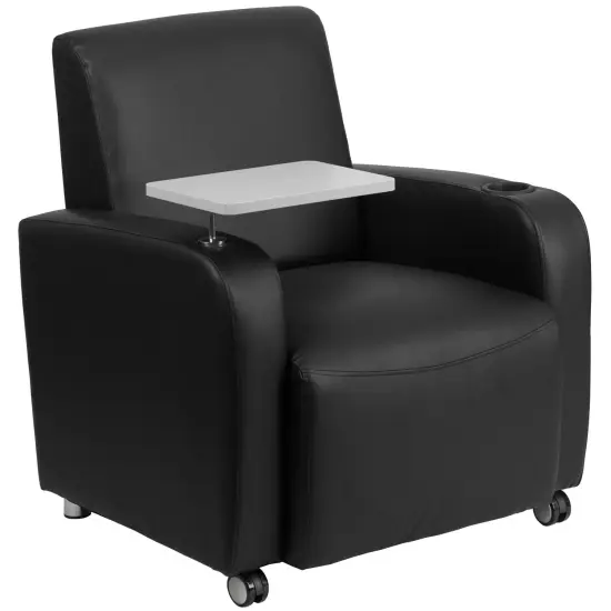 Emma and Oliver Tablet Arm Guest Chair with Front Wheel Casters and Cup Holder Black {1}