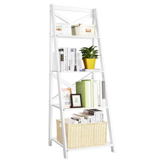 Costway 4-Tier Ladder Shelf Bookshelf Bookcase Storage Display Plant Leaning Shelf White {1}